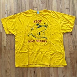 VTG Y2K Stop Loan Sharks Graphic Print T-Shirt NACA Yellow Double Sided Mafia